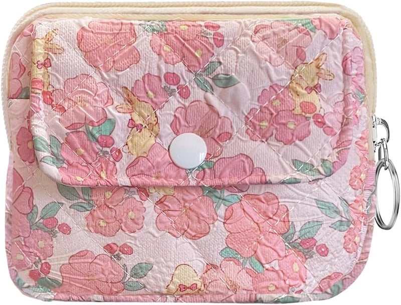 Modacarry Store Cotton Quilted Floral Coin Pouch with Cute Prints Zipper for Women Girls (FLOWER YELLOW RABBIT) - Image 1